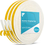 Joint Fenêtre Isolation 15M, 12mm (L) x 3mm (H) Joint Porte d'Entrée Mousse Adhésif, Anti-froid Antichoc Isolante Thermique Phonique, Preuve de Collision (Blanc, 5M X 3 Rouleaux)