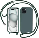 Coque Pour Iphone 15 Avec Cordon, Collier Étui Silicone Liquide Avec Tour De Cou Lanière En Corde Souple Tpu Antichoc Housse - Vert Foncé