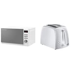 Russell Hobbs RHM2079A 20 L 800 W White Digital Solo Microwave with 5 Power Levels, Automatic Defrost, 8 Auto Cook Menus, Clock & Timer, Easy Clean & Hobbs 21640 Textures 2-Slice Toaster, White