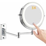 Miroir de maquillage éclairé par LED, fixation murale 1x / 3x, grossissement double face Miroir de maquillage, pivotant à 360 °, pliable, miroir de