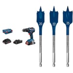 Bosch Professional Système sans Fil 18V, Perceuse à Percussion GSB 18V-55 avec 2 Batteries + GAL 18V-40 en Coffret L-Boxx + Coffret de 3x mèches plates (Bois résineux, Panneau aggloméré, Ø 20-25 mm)