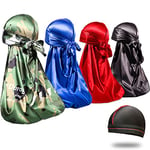 4PCS Silky Durags for Men 360 Waves, Designer Do Rag, Award 1 Wave Cap, Camou Blue Blackred, M