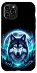 Coque pour iPhone 11 Pro Loup aux yeux bleus devant la lune et le paysage Animal