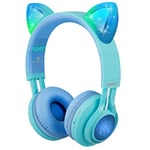 Riwbox Kids Headphones, CT-7S Cat Ear Bluetooth Headphones Volume Limiting 85dB,LED Light Up Kids Wireless Headphones Over Ear with Microphone for iPhone/iPad/Laptop/PC/TV (Blue&Green)