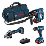 Bosch Professional Combo-Kit GSB 18V-45 + GBH 18V-21 + GWS 18V-7 (125) (avec 3 batteries 18V GBA 4.0Ah, chargeur GAL 18V-40, dans sac à outils) - Set Amazon Exclusive