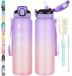 CodiCile 1L Water Bottle with Straw,Water Bottle Dishwasher Safe,Leak-proof Sports Drinks Bottle with Time Maker & Bottle Brush,Non-Toxic for Running,cycling, Gym, School & Office,Purple Pink