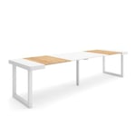 Table console extensible, 300, pour 14 personnes, 302x90x77cm, Pieds bois massif, couleur Chêne et blanc