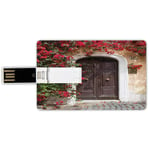 16G USB Flash Drives Credit Card Shape Wanderlust Set Memory Stick Bank Card Style Old Wooden Door Surrounded by Flowers European Style Medieval Entrance Italy Artful Print,Burnt Orange Fern Green Wat