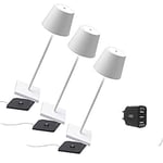 Zafferano [Amazon Exclusive] Kit 3x Poldina Pro, Lampe de Table LED Sans Fil Rechargeable, Touch-Dimmer, IP65 Usage Intérieur/Extérieur, Aluminium, H38cm, Chargeur USB Multiple - Blanc