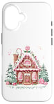 Coque pour iPhone 16 Jolie maison en pain d'épice avec flocons de neige en glaçage rose