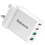 USB Plug UK Mains Charger,Rekavin Multi USB Plug Adaptor UK 4 Port/5A Phone USB Wall Charge Power Adapter Fast Charging for iPhone 13 12 11 pro Max 10 XS XR X 8 7 6 6S Plus 5S 5C SE,Samsung,ipad