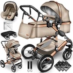 KIDUKU® Poussette Combinée 3 en 1 | Trio pour Enfants | Siége Auto Légère, Piable | Nacelle Souple Convertible | Set de Voyage (Beige)