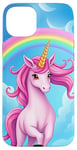 iPhone 15 Plus Colorful Unicorn in Clouds with Bright Rainbow Case