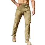 Wirltte Mens Cargo Combat Work Trousers Safety Elastic Waist Cargo Pants with Zip Pockets Khaki XXL