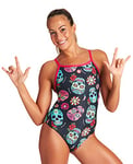 arena Maillot de Bain de Sport Crazy Skulls Carnival pour Femmes, Multicolore (Freak Rose-black Multi), 34