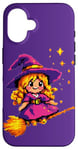 Coque pour iPhone 16 Pixelated Petite sorcière violette sur un balai pour enfants