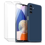 jrester Coque pour Samsung Galaxy A14 4G / 5G, Bleu Souple Liquide Silicone Housse Étui avec 3 Film Protection d'écran en Verre Trempé pour Samsung Galaxy A14 4G / 5G (6,6 Pouces)