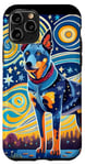 Coque pour iPhone 11 Pro Chien de bétail bleu à talons dans le style de l'art de chien de nuit étoilée