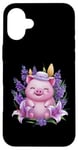 Coque pour iPhone 16 Plus Cochon en style dessin animé kawaii avec lavande et lys