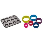 masterclass KitchenCraft 12-Hole Non-Stick Shallow Baking Tray, 32 x 24 cm & Colourworks Plastic Plain and Fluted Round Cookie Cutters, Multi-Colour, Set of Six