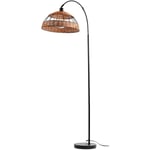 Nino - Lampadaire Boho lampadaire en métal lampe d'appoint de salon, réglable en hauteur, aspect grille noire, bois naturel, interrupteur au pied, 1x