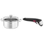 Tefal Faitout 24 cm, Induction, Acier inoxydable 18/10, Garantie 10 ans, Couvercle filtrant en verre & Ingenio Poignée amovible noire, Empilable, Verrouillage sécurité 3 points