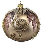 Silverado Christmas Ornament Made of Glass, 10 cm Ball, Golden Brown Leaves and Beaded Swirls