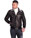 D'Arienzo Bomber Veste Cuir Agneau Noir Homme Col Mouton Moto Veste Motard Blouson Véritable Cuir Made in Italy Aviator