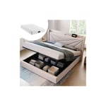 Lit Avec Tiroirs 160x200 cm, Lit Boxspring avec rangement latéral & tête de lit, éclairage led, & prise usb, cadre de lit avec sommier à lattes