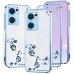 Kainevy pour Coque Oppo Find X5 Lite Transparent Paillettes Fleurs Motif pour Femme Fille Brillante Antichoc Etui Oppo Find X5 Lite Coque Silicone Souple Ultra Fine Jolie Luxe Case (Bleu+Argenté)