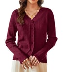 KANCY KOLE Cardigan boléro léger à Manches Longues et col en V pour Femme, Pull en Tricot pour l'automne, Rouge foncé, L