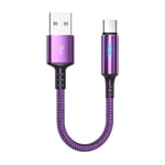 Kompakt USB C till USB A Laddnings- och datakabel 2,4A laddarsladd Tråd 25 cm kort sladd, material av nylon och aluminiumlegering Purple