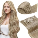 LaaVoo Clip Extension Cheveux Naturel Blond Clair Highlight Extension de Cheveux Naturel a Clip Gris dore Blonde 35cm 7pcs/105g Double Trame Extension a Clip Cheveux Naturel Lisse #16/22