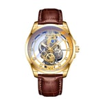 LIGE Montre Homme Etanche Analogique Luxe Or Tendance Classique Squelette Cadran Transparent Automatique Mécanique Lumineuses Élégant Acier Inoxydable Montres pour Hommes, Bracelet en Cuir Marron