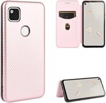 Compatible Avec Coque Google Pixel 4a 4g, Mince Flip Fibre De Carbone [Test De Chute] Antichoc Stand Fente Avec Carte, Protecteur D'écran En Verre Trempé*2-Or Rose