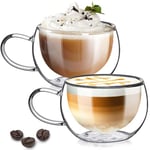 TKNO Double Walled Glass Cappuccino Cups, 270ml Cup Set of 2 Hollow Vacuum Sealed Insulated Cappuccino Latte Macchiato Coffee Glasses, Hand Made, Heat Resistant, Microwave Safe Drinking Glass Mugs