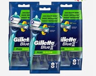 New Gillette Blue II Plus Slalom Men's Disposable Razors 8's Pack Of 3 Total 24