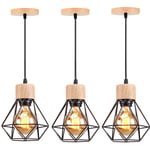 3× Lampes Suspension Industrielle Lustre Suspension E27 Vintage en Métal Cage et Bois Noir