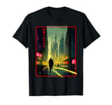 A Man Walks Cyberpunk City Japanese Text Futuristic costume T-Shirt