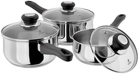 Judge Vista JJA1A Stainless Steel Set of Pans, 3-Piece Set, 16cm, 18cm & 20cm Saucepans, Classic Curved Shape, Vented Glass Lids, Induction Ready, Oven Safe, 25 Year Guarantee