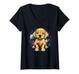 Womens Puppy In Space Cute Cosmic Adventure V-Neck T-Shirt