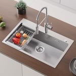 CECIPA 70×45CM Evier Cuisine 1 Bac avec Panier d'Égouttage Rétractable, Grand Evier Inox 1 Bac à Poser pour Meuble de 70cm et Plus, Evier Cuisine Gaufré Argent avec Siphon & Trop-Plein et Egouttoir