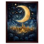 Golden City in the Clouds Surreal Artwork Blue Gold Crescent Moon Starry Night Fairytale Art Print Framed Poster Wall Decor 12x16 inch