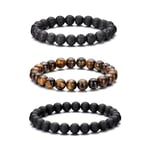 Bracelet œil de tigre pour hommes, ensemble de bracelets de perles en pierre naturelle de 8MM, bracelets extensibles en pierre de lave, réglables, en perles de cristal noir, cadeaux pour hommes