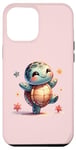 Coque pour iPhone 14 Plus Rose, jolie tortue souriante entourée de fleurs