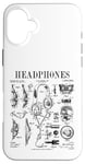 Coque pour iPhone 16 Plus Casque audio vintage breveté DJ Gamer Podcaster Musique