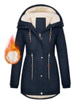 TOMEEK Manteau Femme Hiver Chaud Veste Parka Chauffante Blouson Polaire Longue Manteau à Capuche Chic et Elegant Outercoat avec Poches Doublure en Peluche Zippé Jacket,Bleu marine,Taille L