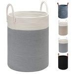 TOTANKI Grand panier à linge en corde de coton - 40 cm (P) x 50 cm (H) - Panier tissé pliable avec poignées en cuir pour ranger vêtements, couches, jouets (blanc/gris)