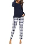 Litherday Pyjama Femme Hiver Ensembles de Pyjama Femme Coton Vêtement de Nuit à Manches Longues Tenue de Nuit à Carreaux Automne et Hiver,B Bleu Marine XL