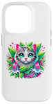 iPhone 14 Pro Beloved Cat with Green Leaves Cat Lovers Pink Waterfalls Case